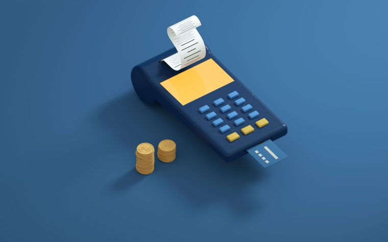 Blue payment terminal with receipt and gold coins on a blue background, symbolizing modern transactions. Terminal de paiement bleu avec reçu et pièces d'or sur fond bleu, symbolisant les transactions modernes.