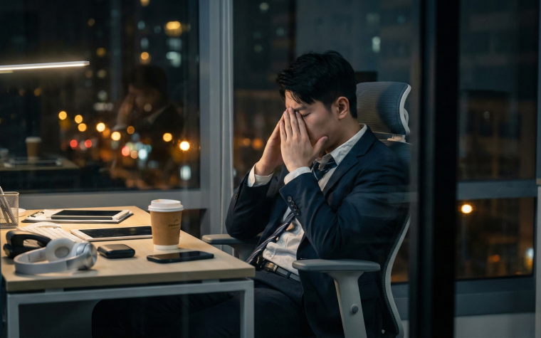 Homme d'affaires stressé travaillant tard au bureau